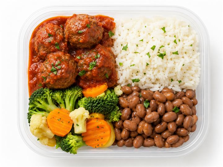Almôndega de carne com arroz, feijão e brócolis