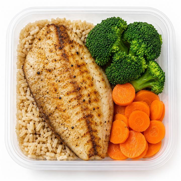 Tilápia grelhada com arroz, feijão e brócolis