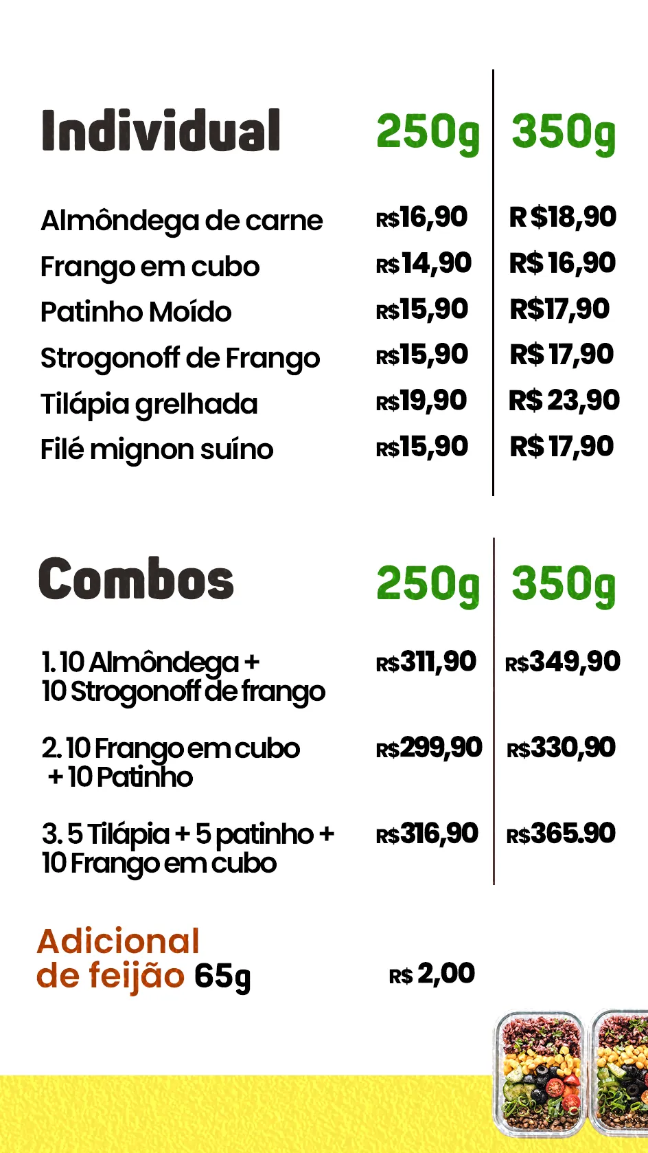 Cardápio de preços individuais e combos Thaifit