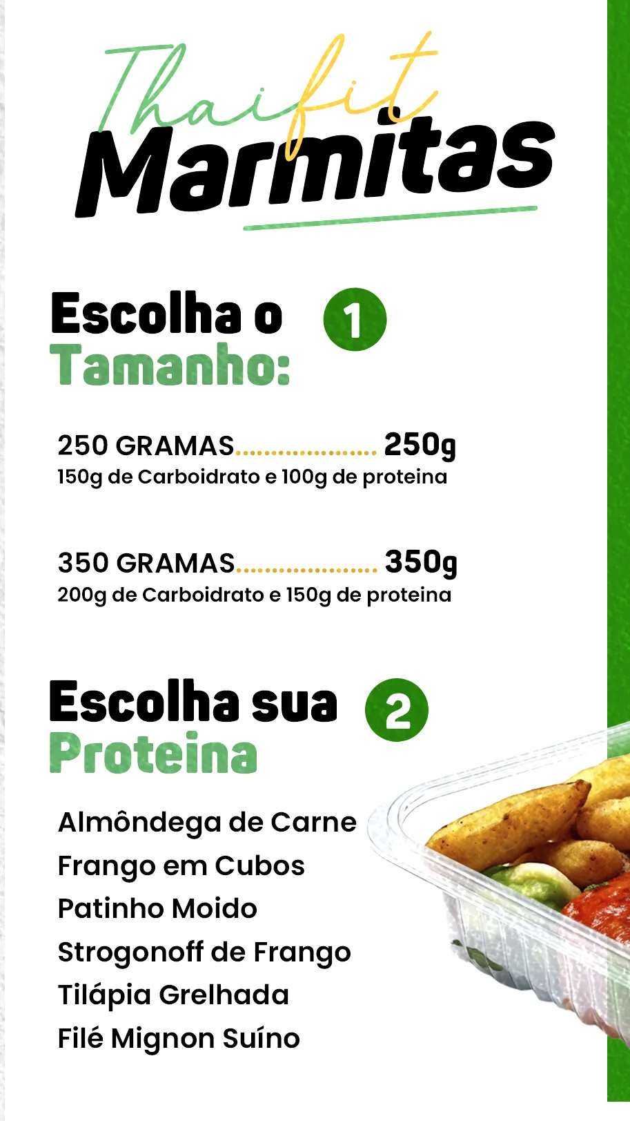 Tabela de tamanhos e opções de proteína das marmitas Thaifit